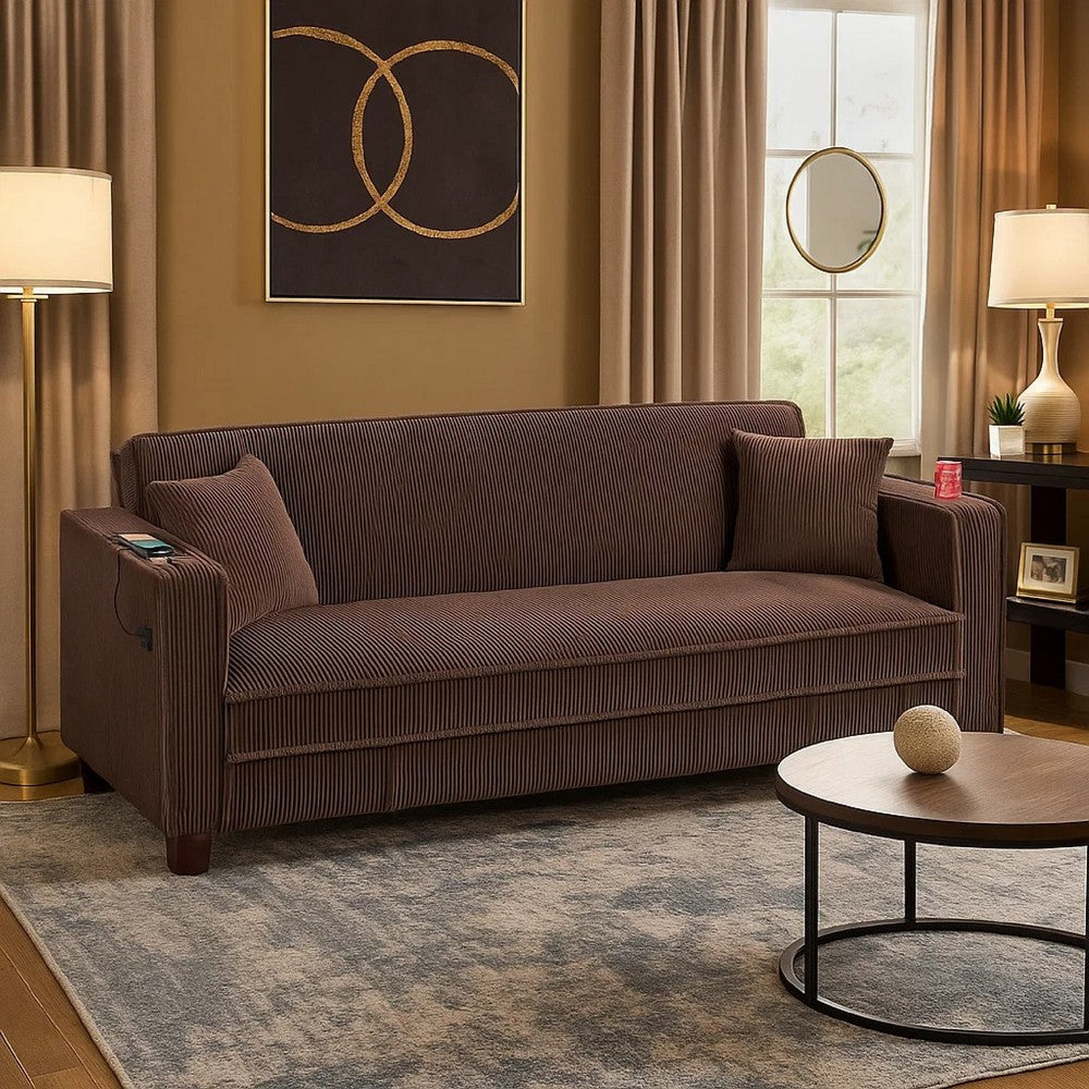 Lucy Sofa Bed w USB Ports | 2 Pillows | Brown Corduroy | Cupholders
