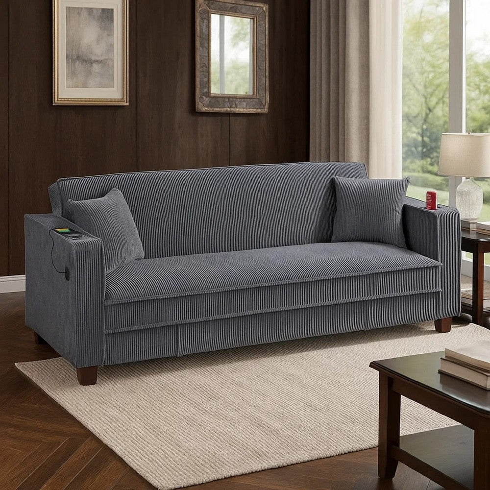 Lucy Sofa Bed w USB Ports | 2 Pillows | Gray Corduroy | Cupholders