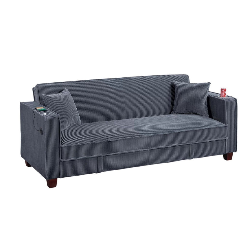 Lucy Sofa Bed w USB Ports | 2 Pillows | Gray Corduroy | Cupholders