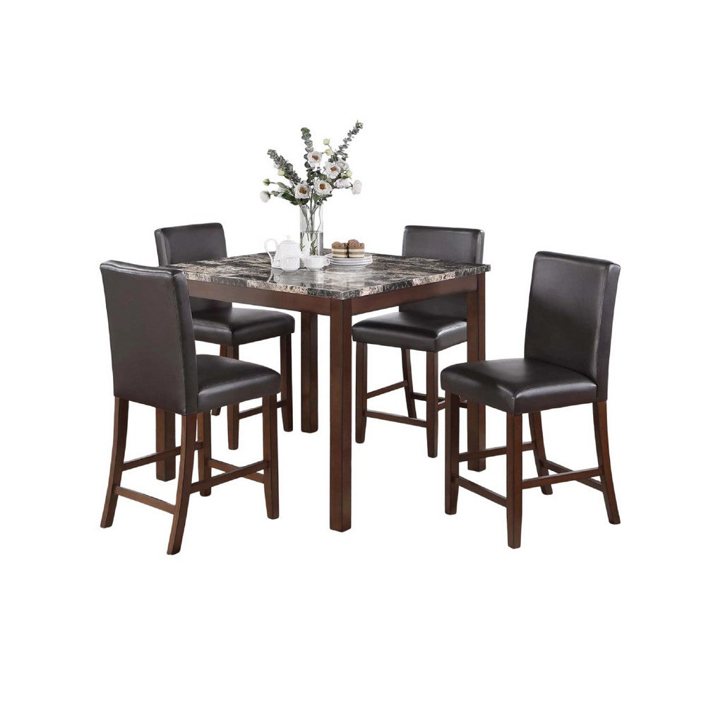Wesley 5pc Dining Table Set | Black Faux-Leather | Faux Marble | Cherry Brown