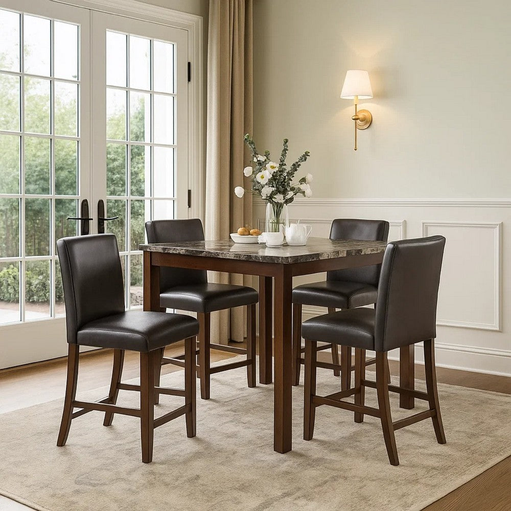 Wesley 5pc Dining Table Set | Black Faux-Leather | Faux Marble | Cherry Brown