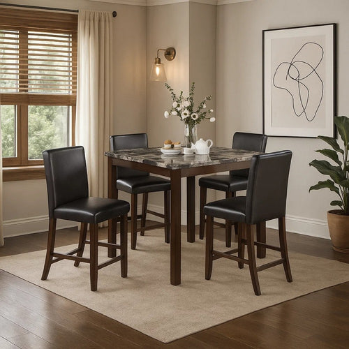Wesley 5pc Dining Table Set | Black Faux-Leather | Faux Marble | Cherry Brown