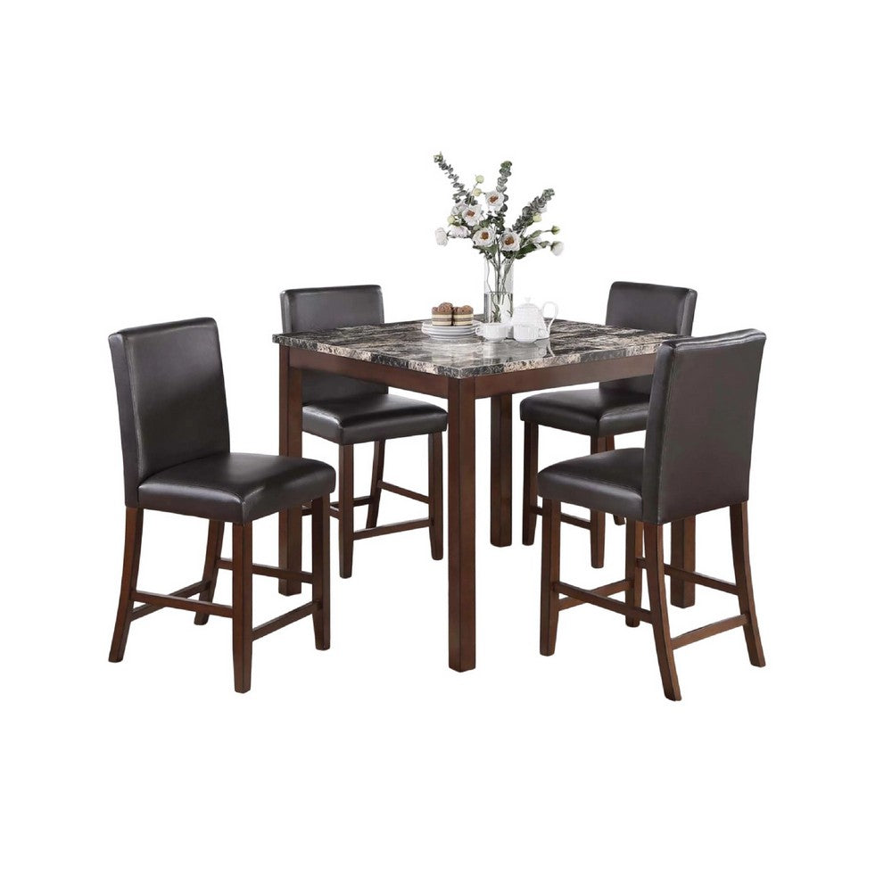 Wesley 5pc Dining Table Set | Black Faux-Leather | Faux Marble | Cherry Brown