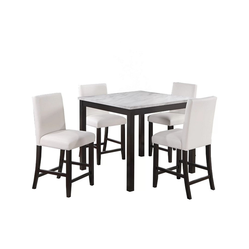 Wesley 5pc Counter Height Dining Table Set | White Faux-Leather | Faux Marble | Dark Brown