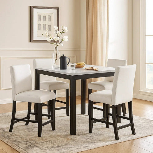 Wesley 5pc Counter Height Dining Table Set | White Faux-Leather | Faux Marble | Dark Brown