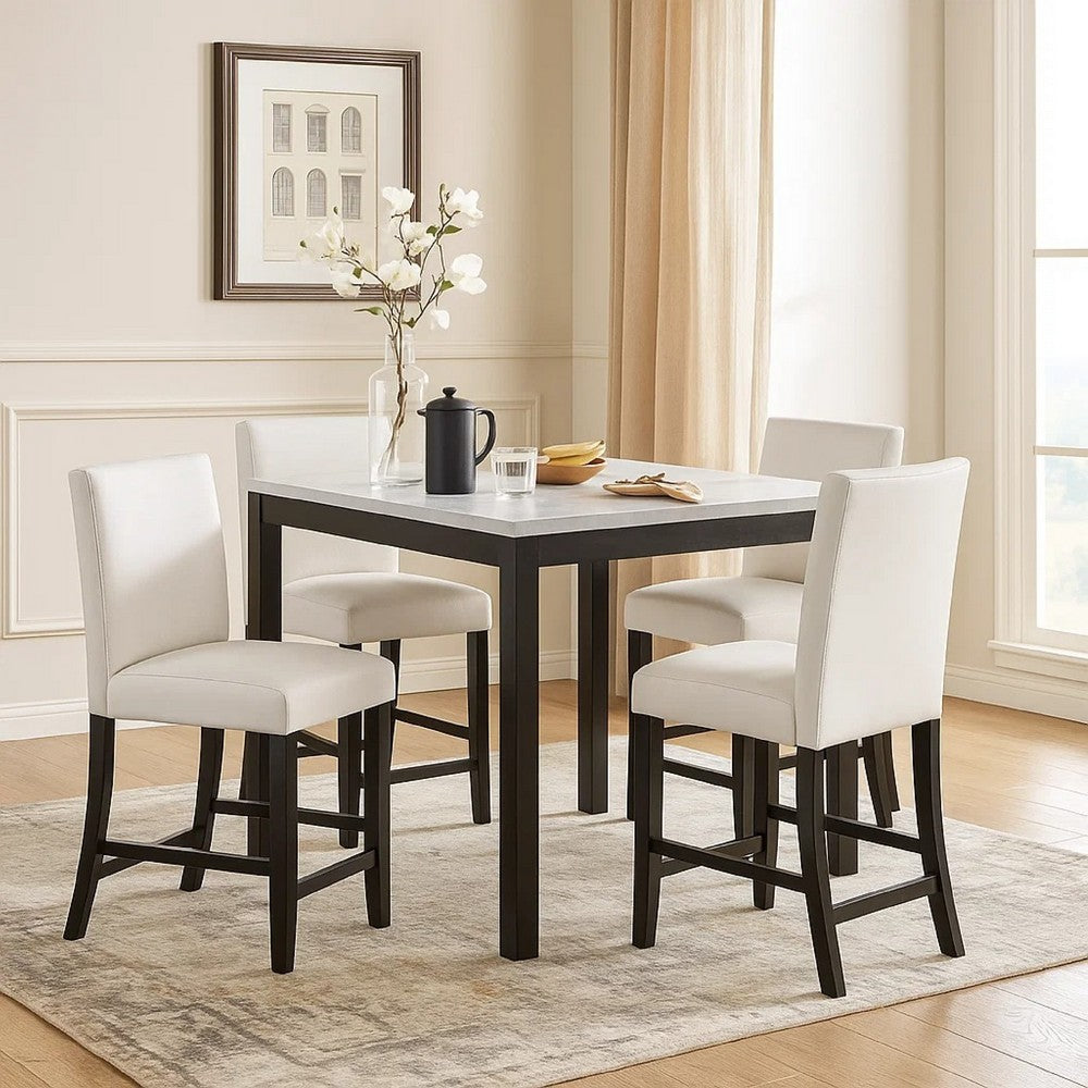 Wesley 5pc Counter Height Dining Table Set | White Faux-Leather | Faux Marble | Dark Brown