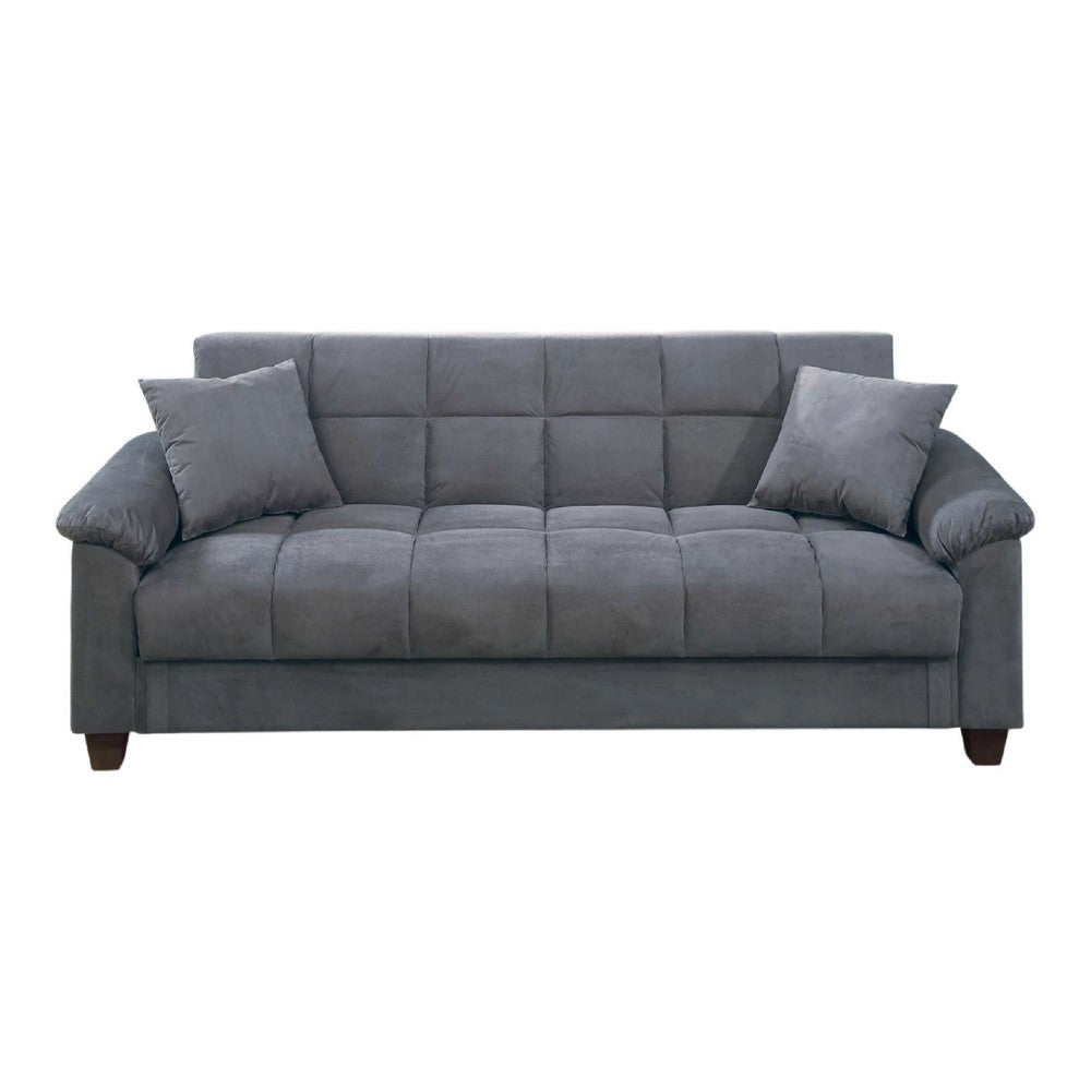 Tahira Convertible Sofa w Tapered Legs | Gray Box-Tufted Microfiber