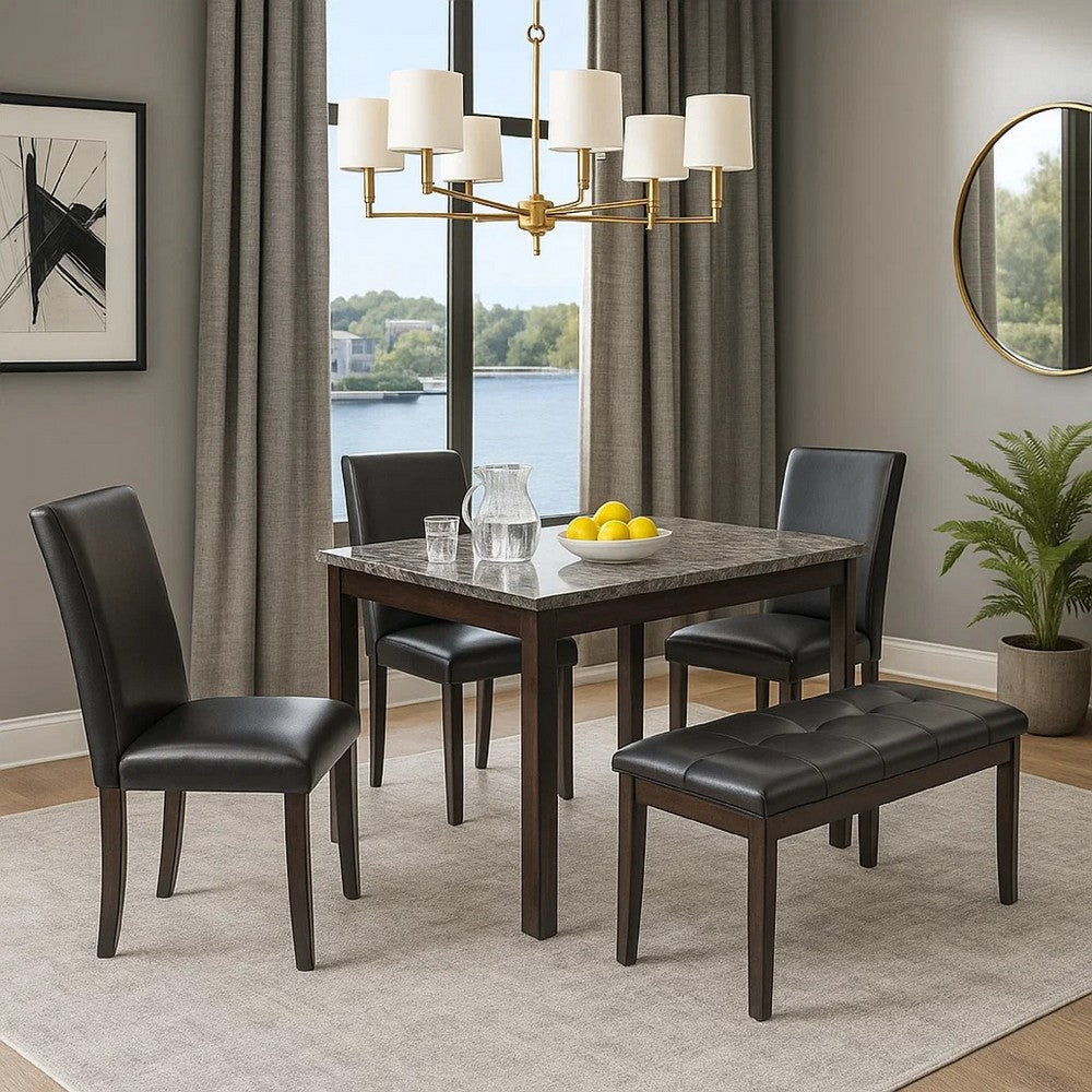 Wesley 5pc Dining Table Set | Black Faux-Leather | Faux Marble | Cherry Brown
