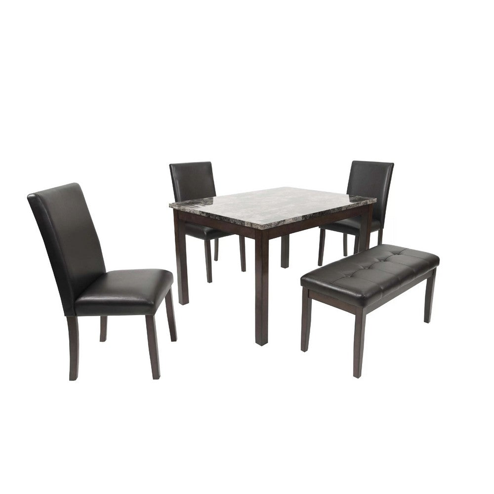 Wesley 5pc Dining Table Set | Black Faux-Leather | Faux Marble | Cherry Brown