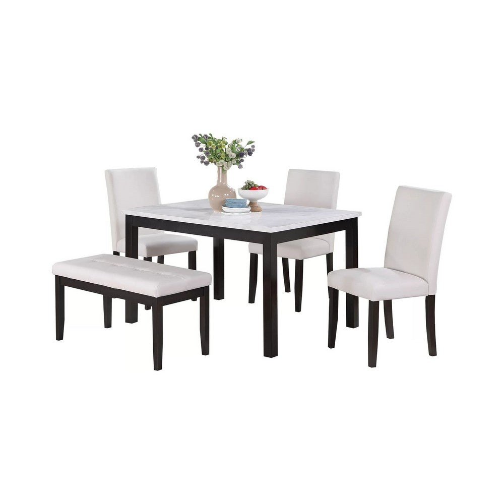 Wesley 5pc Dining Table Set | White Faux-Leather | Faux Marble | Cherry Brown