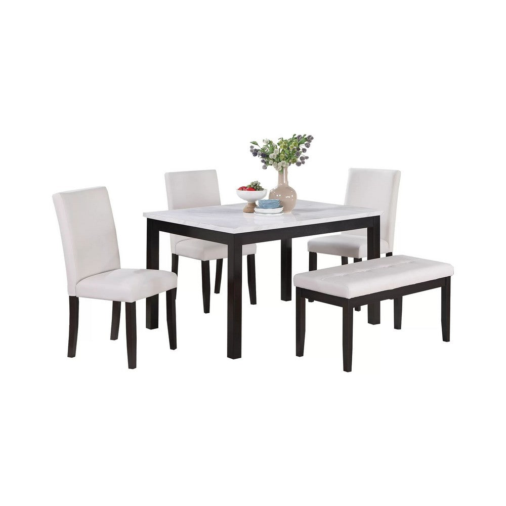 Wesley 5pc Dining Table Set | White Faux-Leather | Faux Marble | Cherry Brown