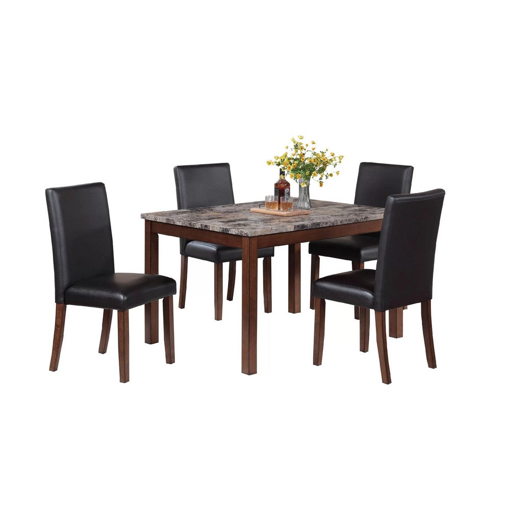 Wesley 5pc Dining Table Set | Black Faux-Leather | Faux Marble | Cherry Brown