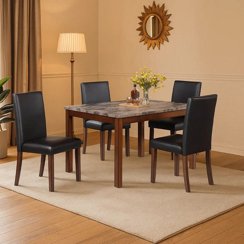 Wesley 5pc Dining Table Set | Black Faux-Leather | Faux Marble | Cherry Brown