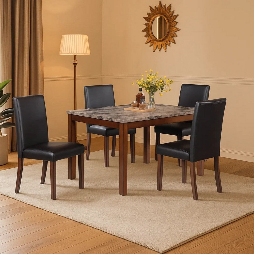 Wesley 5pc Dining Table Set | Black Faux-Leather | Faux Marble | Cherry Brown