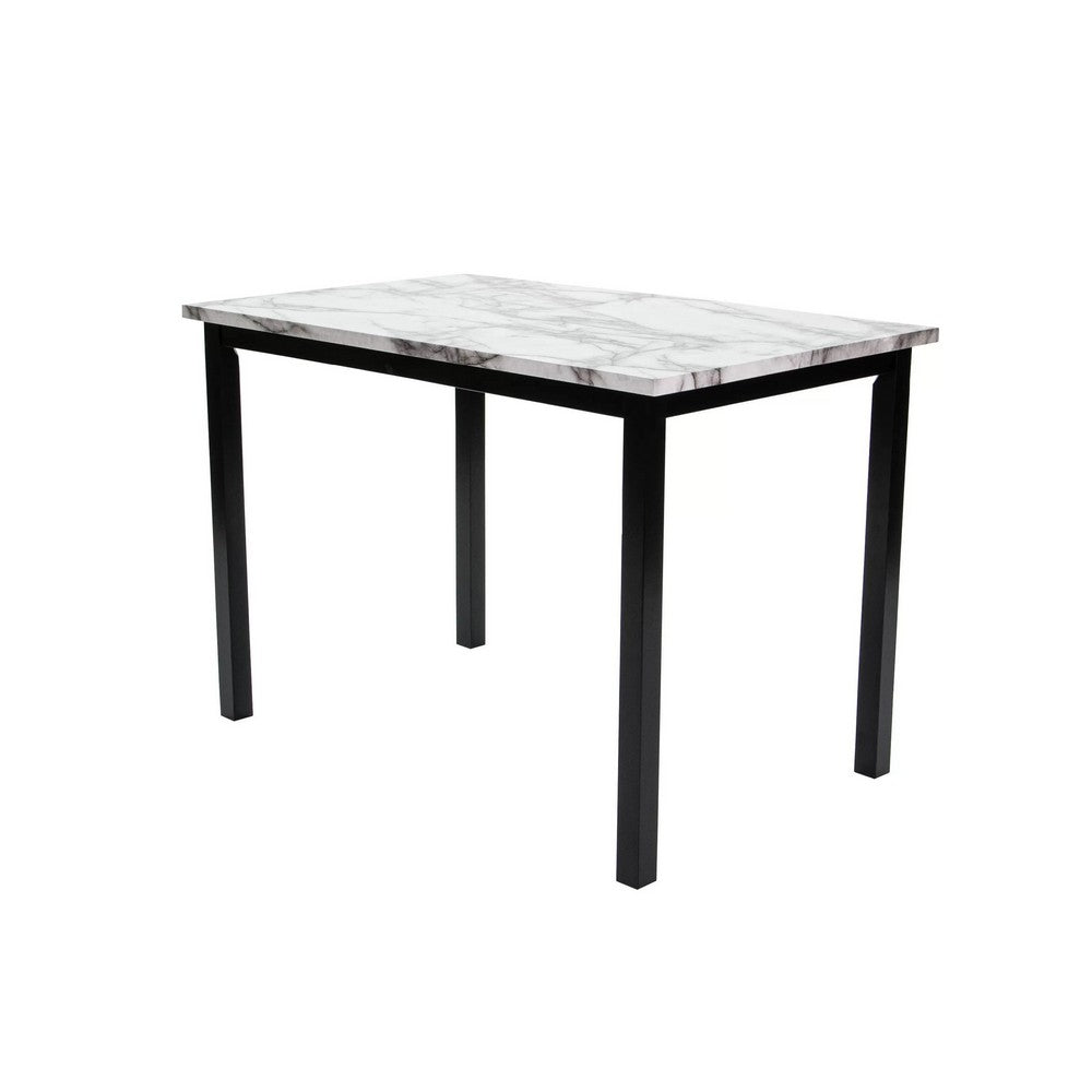 Wesley 5pc Dining Table Set | White Faux-Leather | Faux Marble | Brown Wood