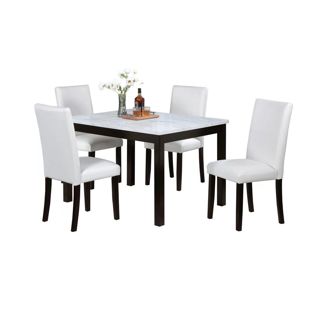 Wesley 5pc Dining Table Set | White Faux-Leather | Faux Marble | Brown Wood