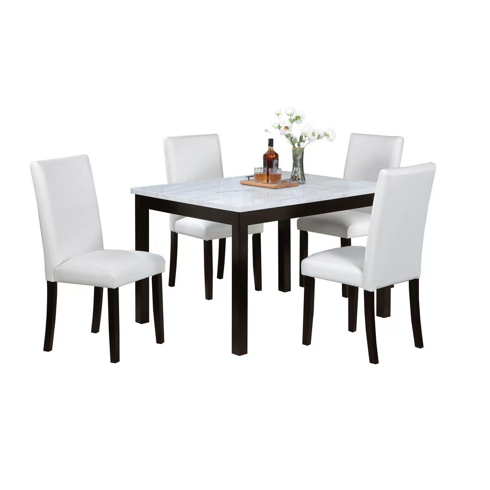 Wesley 5pc Dining Table Set | White Faux-Leather | Faux Marble | Brown Wood