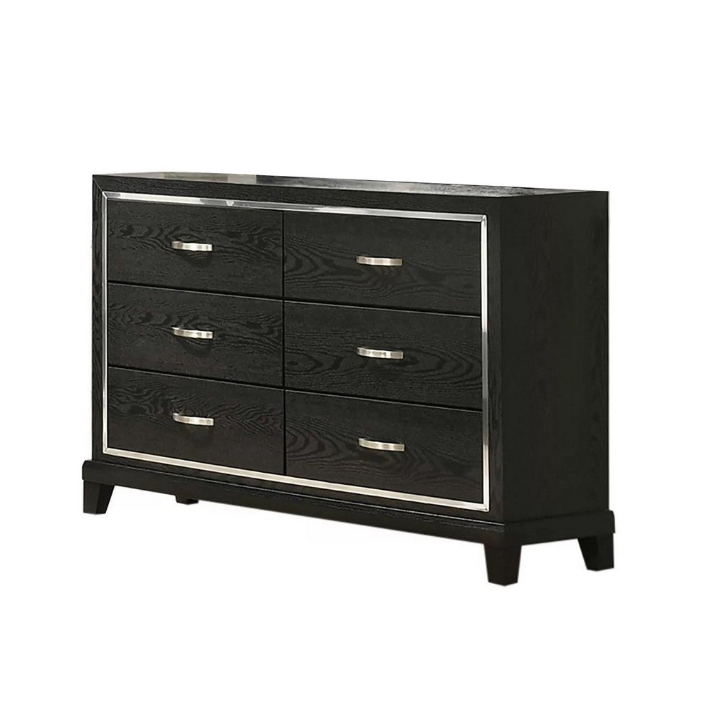 Lyla Wide Dresser | Silver Trim | 6 Drawer | Tapered Legs | Black Wood