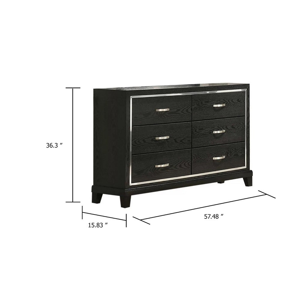 Lyla Wide Dresser | Silver Trim | 6 Drawer | Tapered Legs | Black Wood