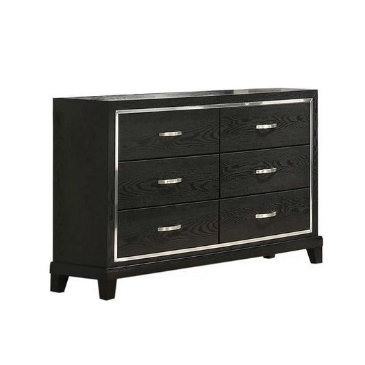 Lyla Wide Dresser | Silver Trim | 6 Drawer | Tapered Legs | Black Wood