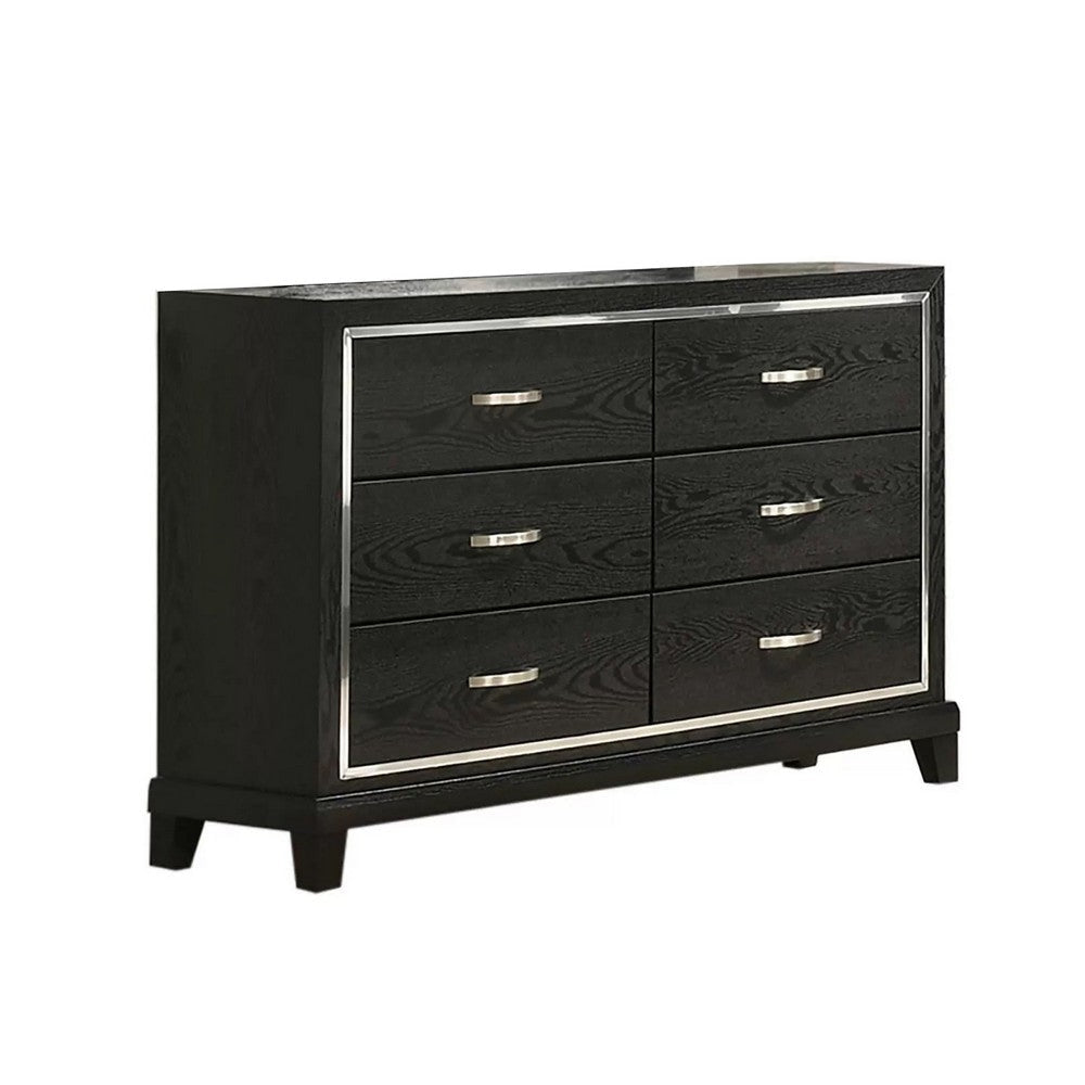 Lyla Wide Dresser | Silver Trim | 6 Drawer | Tapered Legs | Black Wood