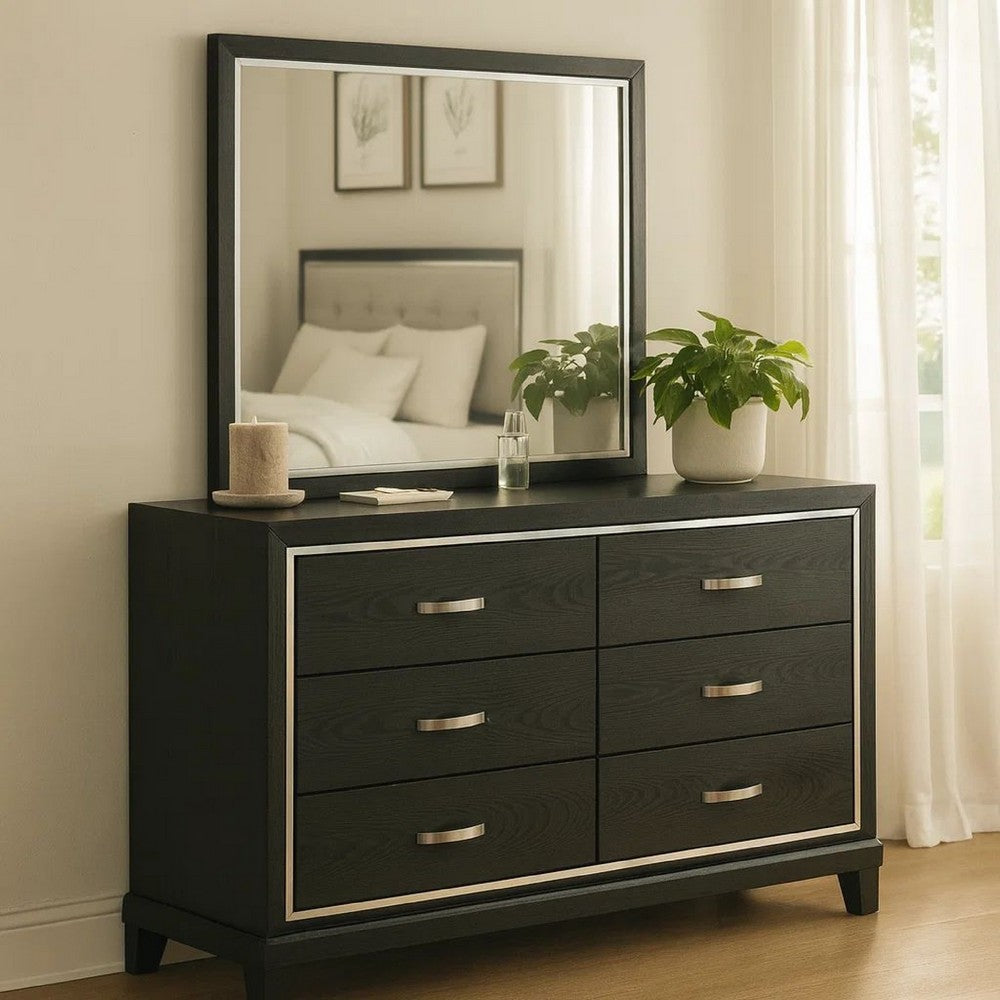 Lyla Wide Dresser | Silver Trim | 6 Drawer | Tapered Legs | Black Wood