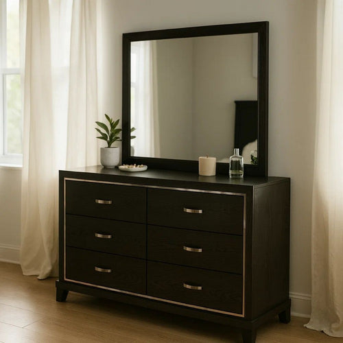 Lyla Wide Dresser | Silver Trim | 6 Drawer | Tapered Legs | Black Wood