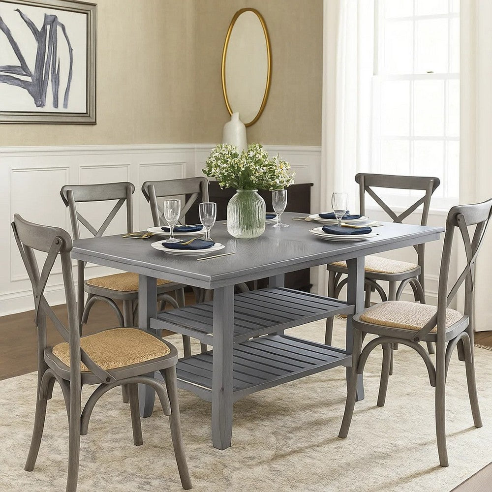 Suzy Counter-Height Table | 2 Slatted Shelves | Gray Rubberwood | 64"