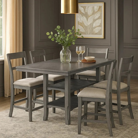 Suzy Counter-Height Table | 2 Slatted Shelves | Gray Rubberwood | 64"