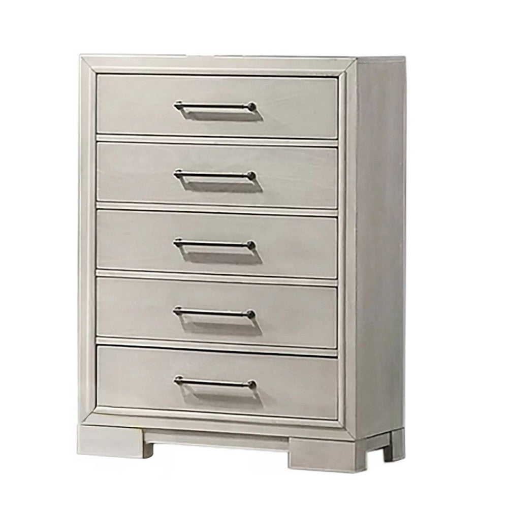 Simone Tall Dresser Chest | 5 Drawers | Antique White Wood Finish