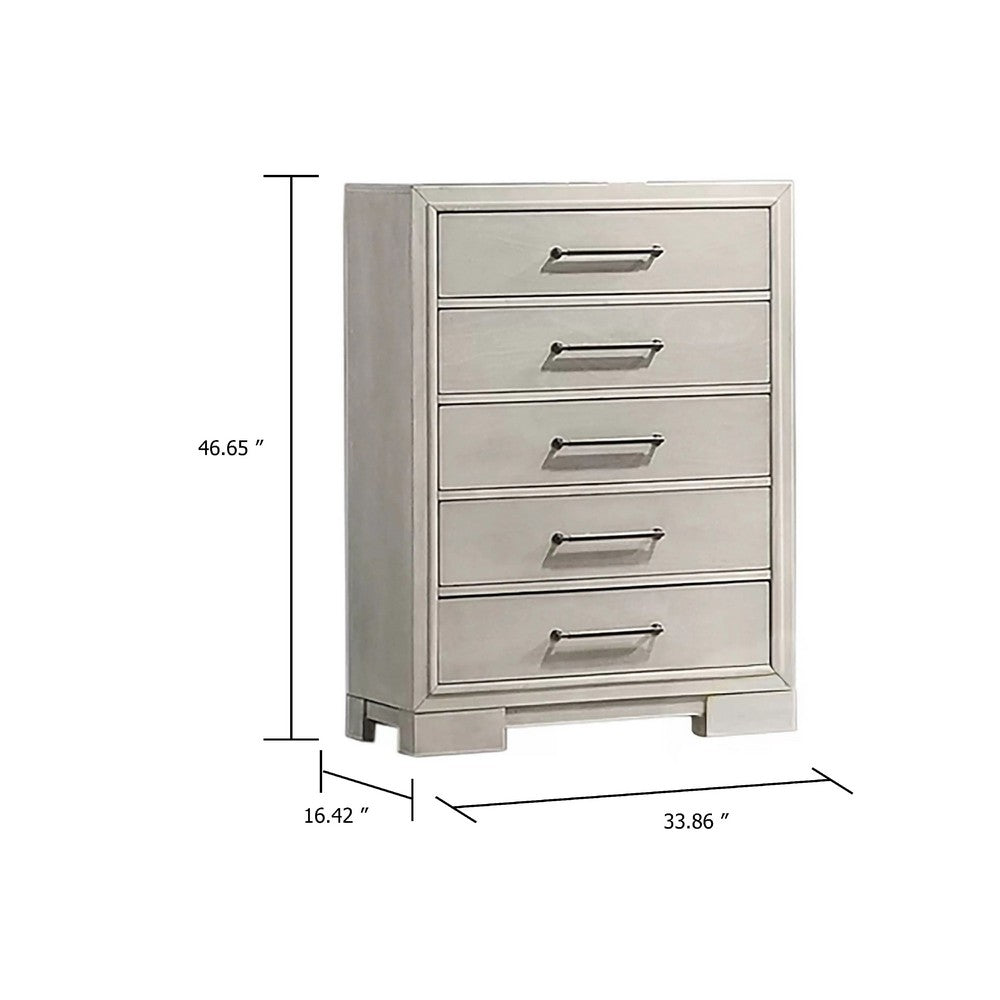 Simone Tall Dresser Chest | 5 Drawers | Antique White Wood Finish