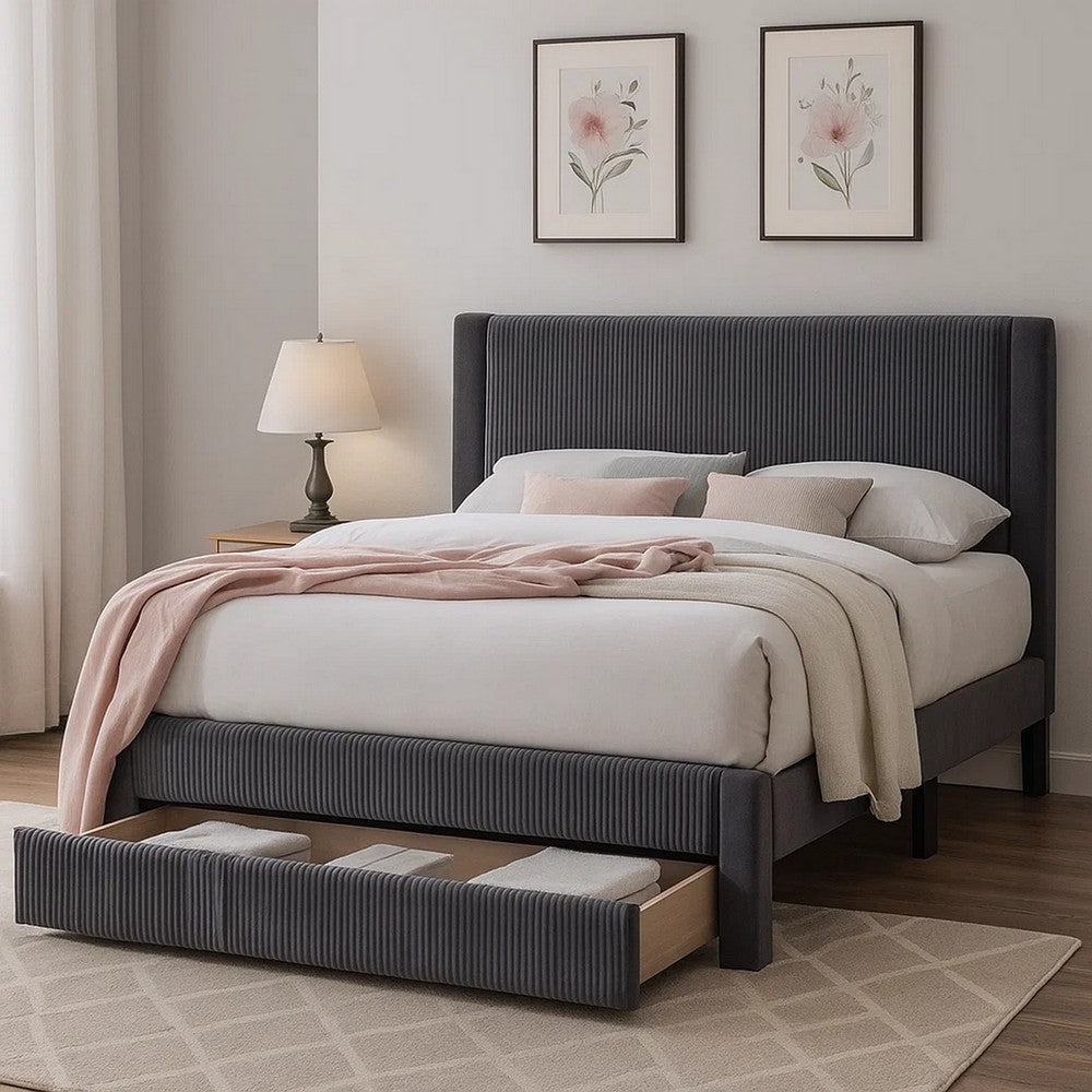 Daisy Full Bed w Drawer | Dark Gray Corduroy Upholstery | Foam Headboard BM341133