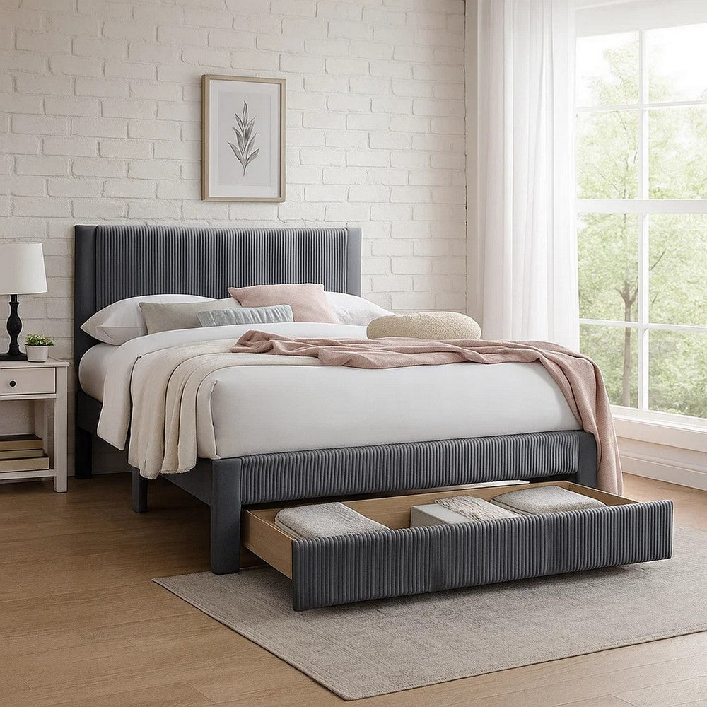 Daisy Full Bed w Drawer | Dark Gray Corduroy Upholstery | Foam Headboard