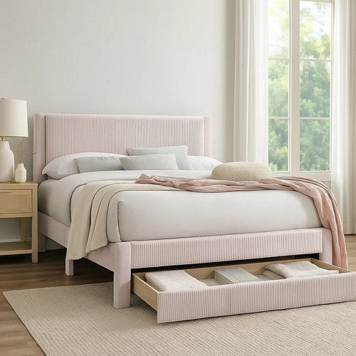 Daisy Full Bed w Drawer | Light Pink Corduroy Upholstery | Foam Headboard