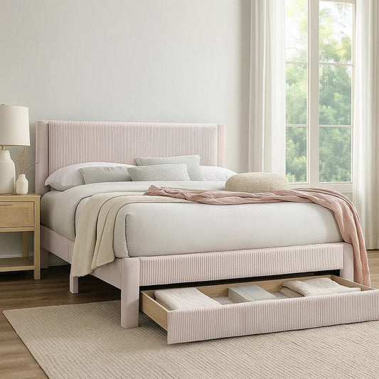 Daisy Full Bed w Drawer | Light Pink Corduroy Upholstery | Foam Headboard