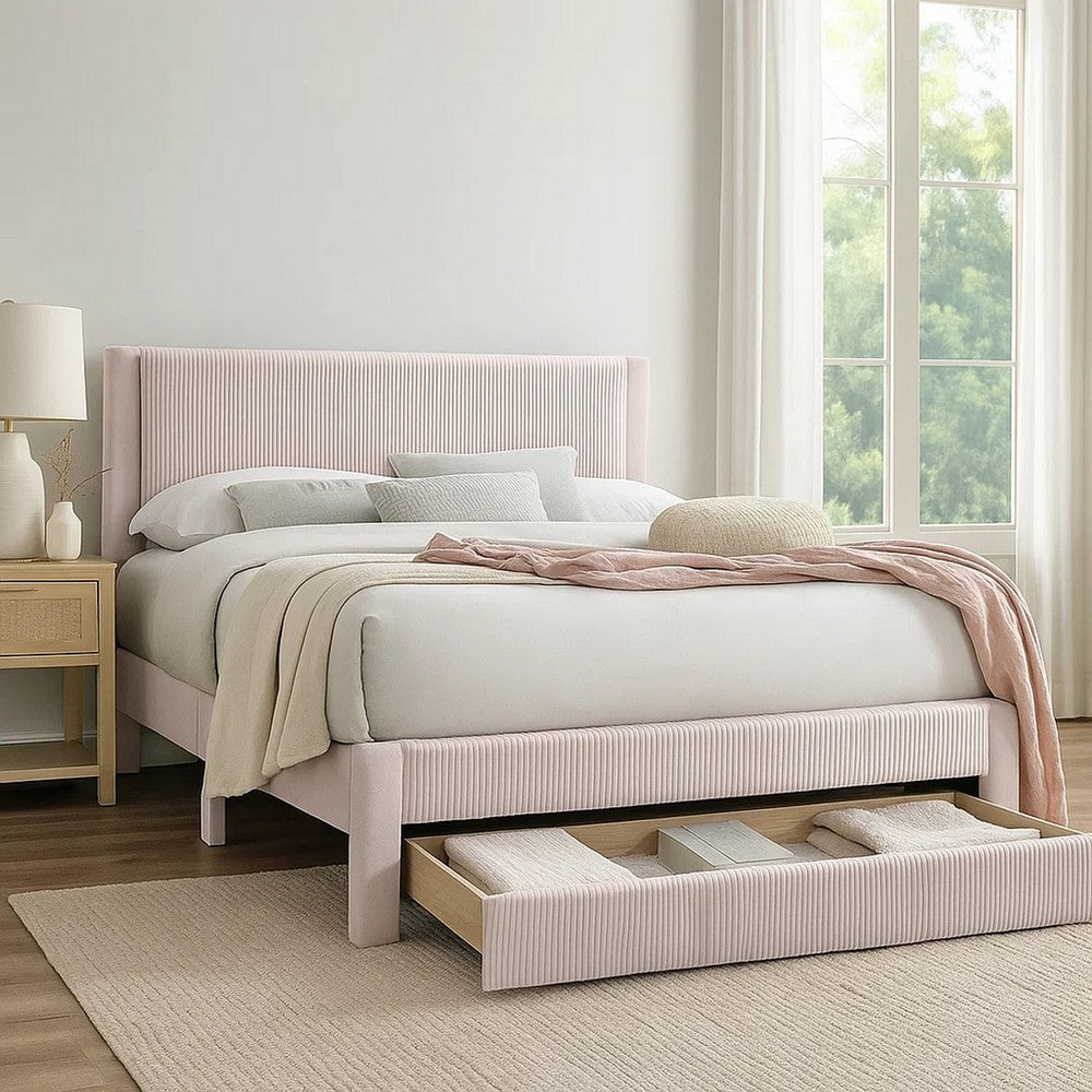 Daisy Full Bed w Drawer | Light Pink Corduroy Upholstery | Foam Headboard