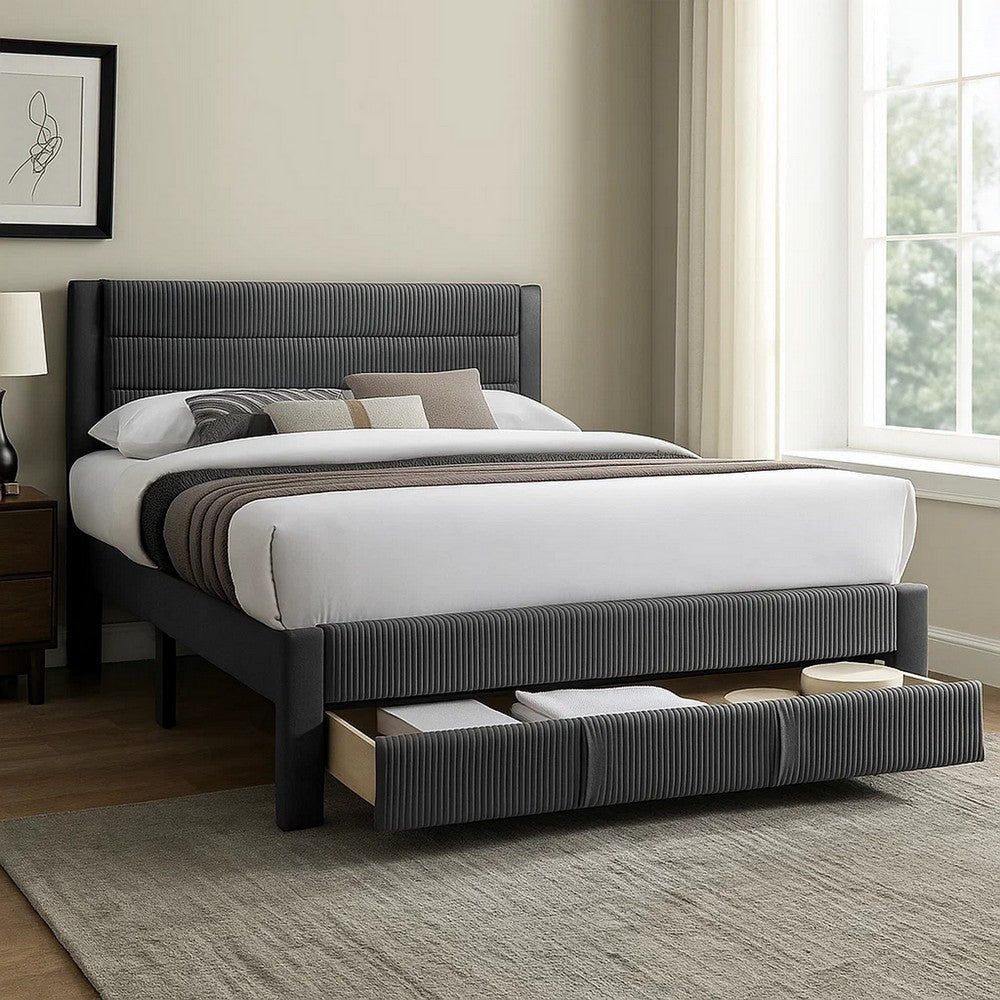 Daisy Full Bed w Drawer | Charcoal Gray Corduroy Upholstery | Foam