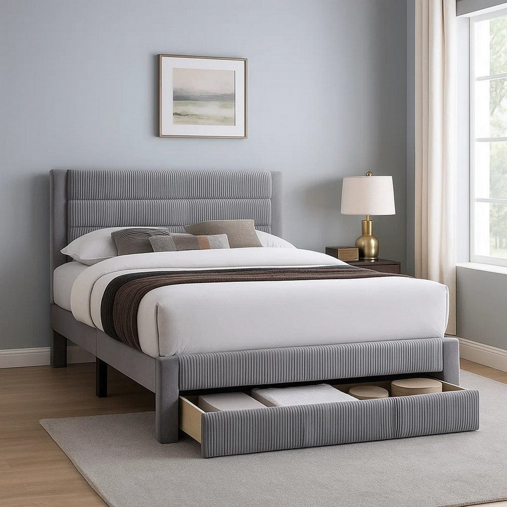 Daisy Full Bed w Drawer | Light Gray Corduroy Upholstery | Foam Headboard BM341136
