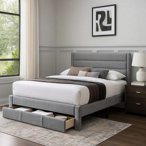 Daisy Full Bed w Drawer | Light Gray Corduroy Upholstery | Foam Headboard
