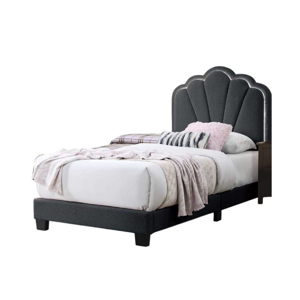 Roxy Twin Bed | Charcoal Gray Wool | LED Lighting | Padded Headboard BM341139