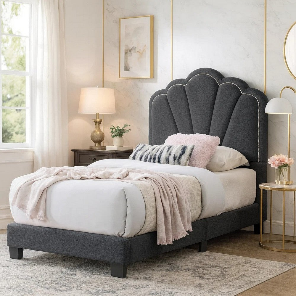 Roxy Twin Bed | Charcoal Gray Wool | LED Lighting | Padded Headboard