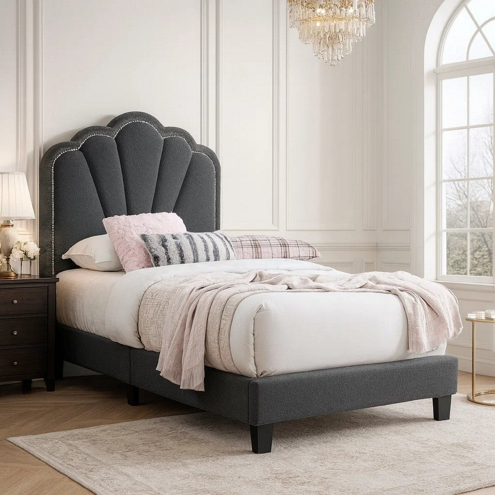 Roxy Twin Bed | Charcoal Gray Wool | LED Lighting | Padded Headboard