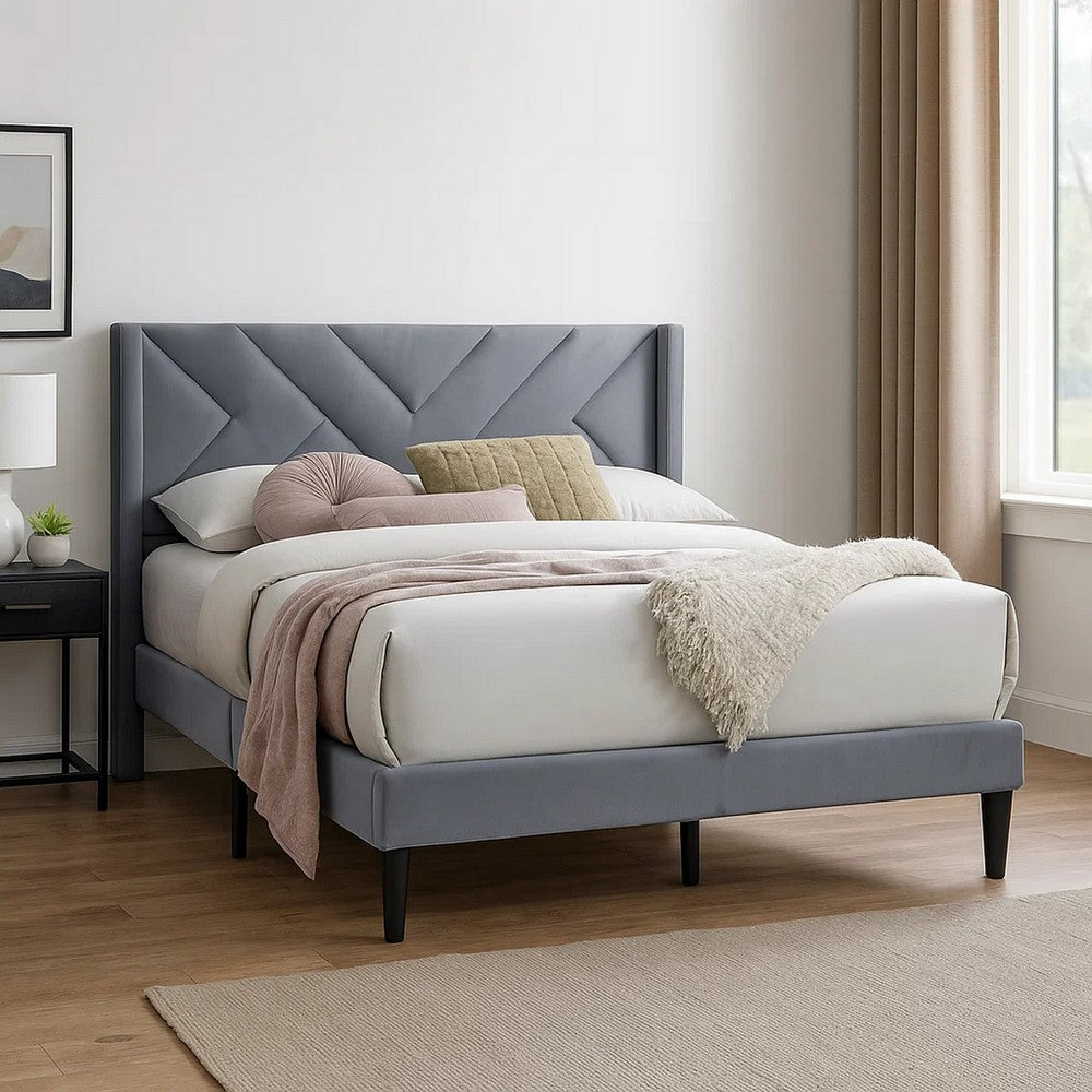 Niasa Full Size Bed | Chevron Tufted Gray Velvet Upholstered Foam BM341146