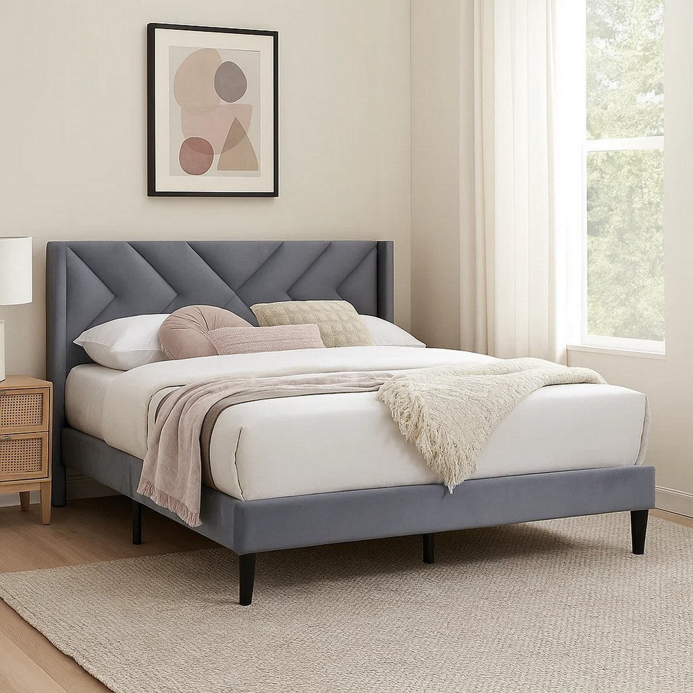 Niasa Full Size Bed | Chevron Tufted Gray Velvet Upholstered Foam