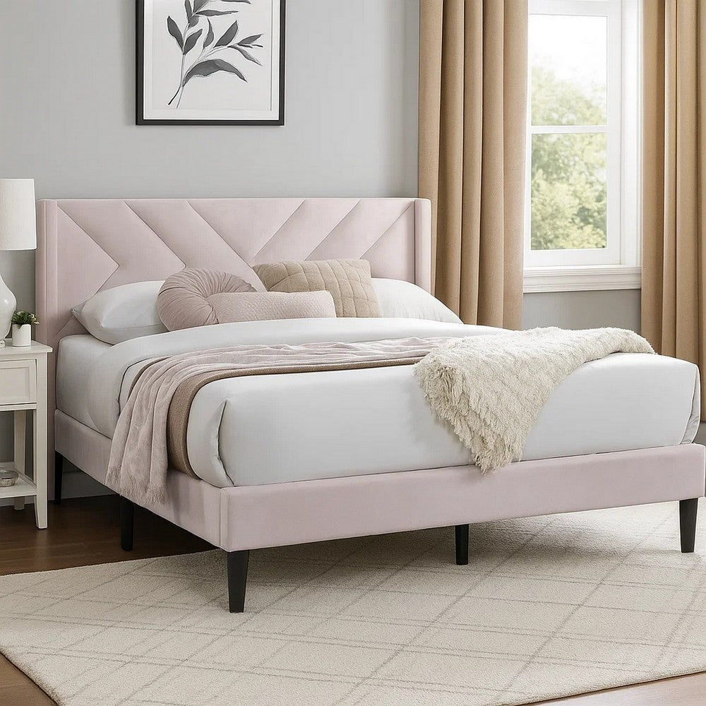Niasa Full Size Bed | Chevron Tufted Pink Velvet Upholstered Foam BM341147