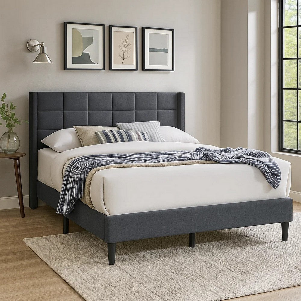 Zensa Full Bed | Charcoal Gray Linen Upholstery | Padded Wing Headboard