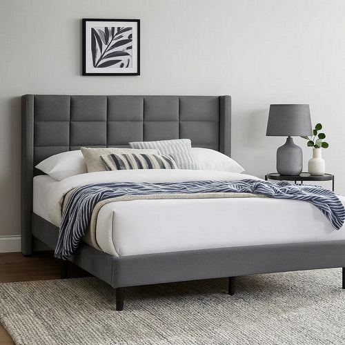 Zensa Full Bed | Light Gray Linen Upholstery | Padded Wing Headboard