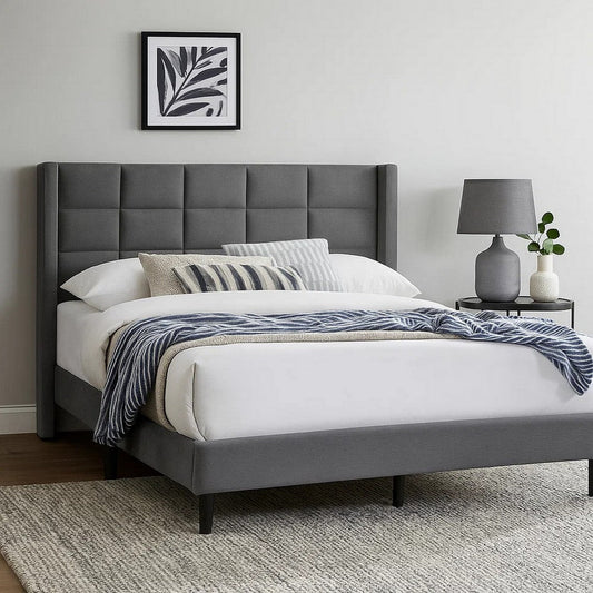 Zensa Full Bed | Light Gray Linen Upholstery | Padded Wing Headboard