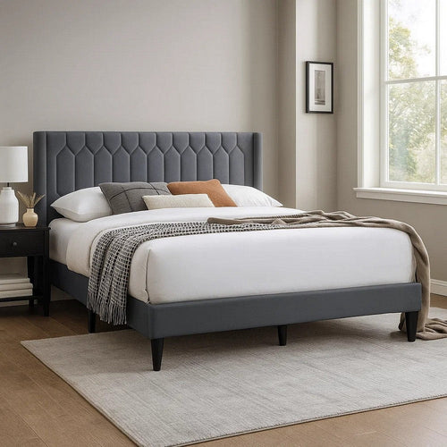 Liana Full Bed | Tufted Charcoal Gray Burlap Upholstery | Foam Padding