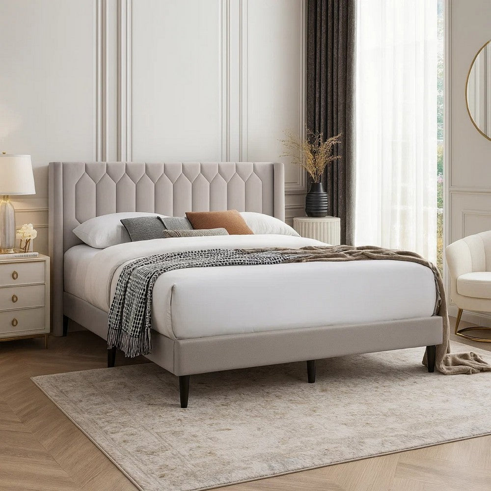 Liana Full Bed | Tufted Light Brown Burlap Upholstery | Foam Padding